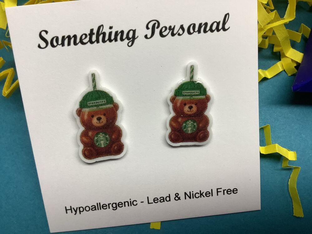 Bearista Post Earrings Teddy Bear Starbucks Inspired - Gift Boxed